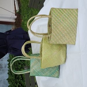 Palm leaf woven tote bags with lining.